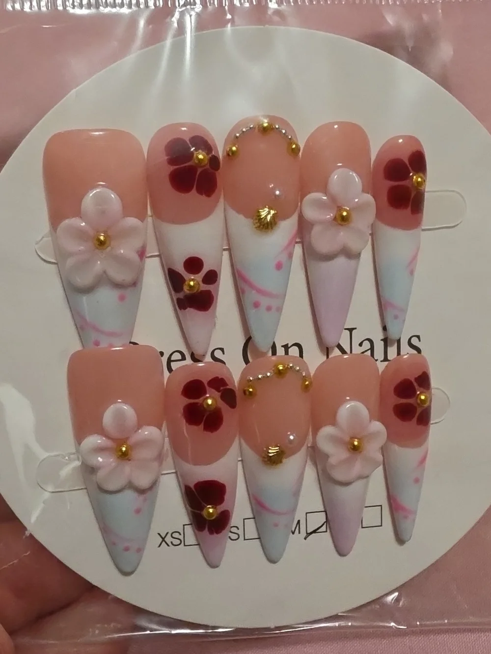 Peach Pink Floral Press-On Nail Set with 3D Flowers
